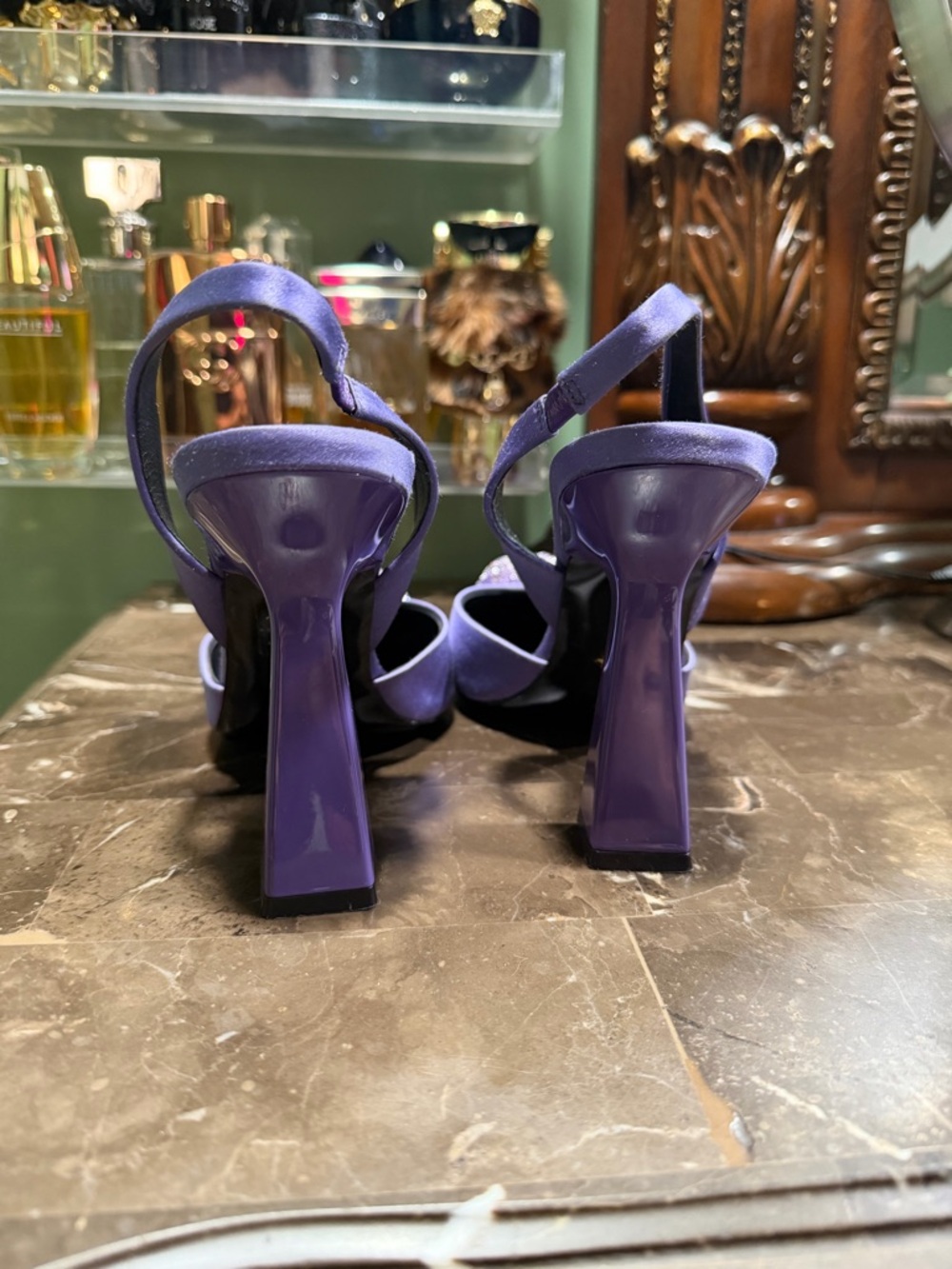 Versace Purple Pointed Slingback Heels with Glitter Medusa Appliqué - Picture 3 of 4